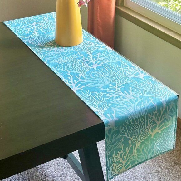 Ocean Blue Coral Oceanic Summer Decor Coastal Beachy 72" Linen Table Runner New - Picture 2 of 5